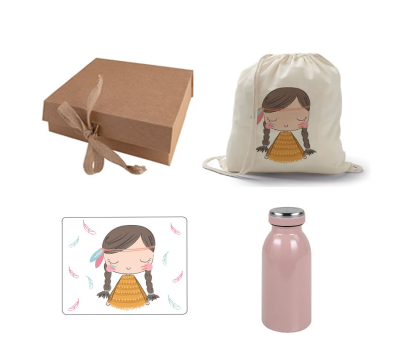 Pack india con petate, alfombrilla con dibujo de india y botella rosa como detalle para las invitadas