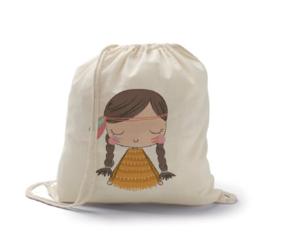 Mochila algodón o petate con dibujo de india con posibilidad de personalizar con el nombre de la invitada