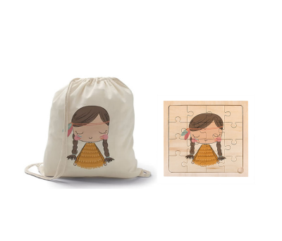 Pack infantil con mochila de india y puzzle con dibujo india como regalo para cumpleaños, comuniones o bautizos