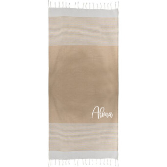 Pareo-toalla personalizado color beige como detalle de boda o comunión para los invitados