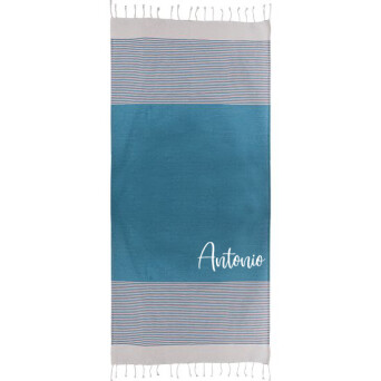 Pareo-toalla personalizado con nombre de invitado color azul como detalle de boda o comunión para los invitados