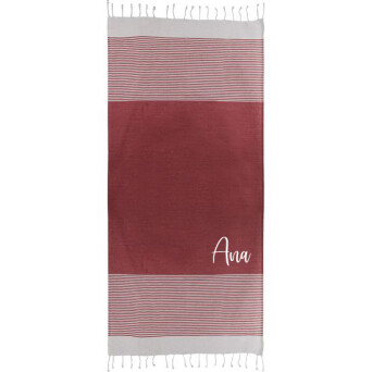 Pareo-toalla personalizado con nombre de invitado color rojo como detalle de boda o comunión para los invitados