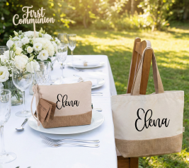 neceser y bolsa de algodón y jute como setting en mesa de boda o comunió