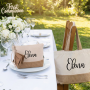 neceser y bolsa de algodón y jute como setting en mesa de boda o comunió