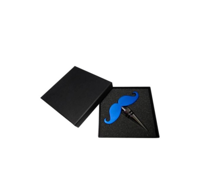 tapon de vino mostacho color en caja de regalo azul caja