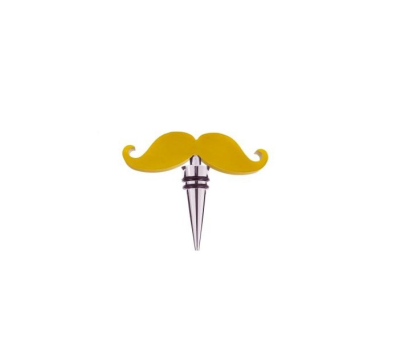 tapón de vino mostacho color amarillo en caja de regalo