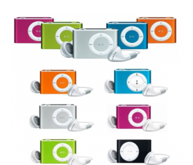 MP3 player con auriculares, cable USB y clip para enganchar en diferentes colores muy original como detalle de boda, comunión o evento para tus invitados