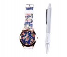 Reloj floral en tonos azules en caja de regalo con bolígrafo ideal como detalle para mujeres e invitadas a bodas, comuniones y bautizos