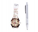 Reloj floral en tonos rosas pastel en caja de regalo con bolígrafo ideal como detalle para mujeres e invitadas a bodas, comuniones y bautizos
