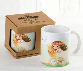 Taza cerámica niña comunión en bici con caja de regalo como detalle de comunión