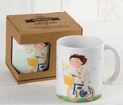 Taza cerámica niño comunión en bici con caja de regalo como detalle de comunión