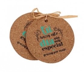 Posavasos de corcho con frase de agradecimiento para los invitados de bodas, comuniones y bautizos