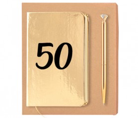 set oro de libreta con 50 aniversario y bolígrafo a juego como detalle de bodas de oro