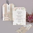 Invitación de boda Just Married de diseño floral y moderno con etiqueta personalizada ne la portada