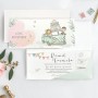 Invitación de boda Love Adventure en tonos mint y rosa y diseño moderno en formato sobre