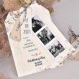 Invitación de boda con etiquetas personalizadas y fotos polaroid de los novios