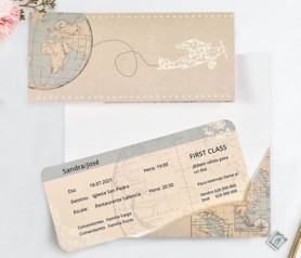 Invitación de boda de estilo viajero como billete de avión