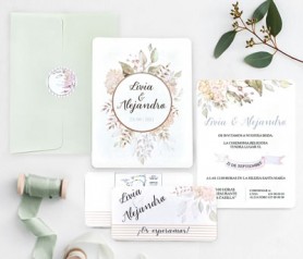 Invitación de boda flores mint con tarjeta de confirmación sobre y pegatina