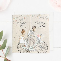 Invitación de boda papás novios en bicicleta