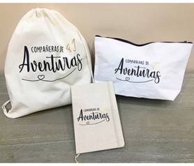 Kit orgánico Compañeras de Aventuras con petate de algodón, libreta y neceser como regalo para amigas, hermanas, primas, compañeras de trabajo