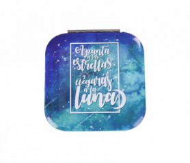 Espejo doble con diseño del universo con frase positiva como detalle de boda o comunión apunta a las estrellas
