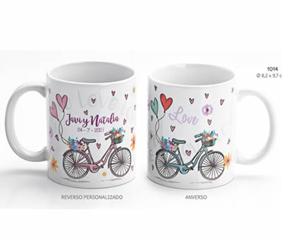 Taza bicicleta corazones de boda con caja de regalo para personalizar como detalle de boda para tus invitados al enlace