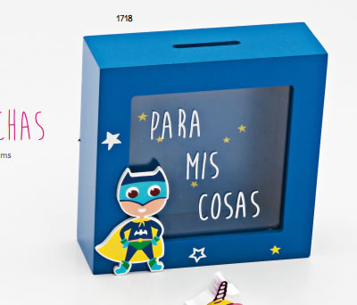 Hucha de madera azul de superhéroe para regalar como regalo de cumpleaños, en fiestas infantiles o como detalle para niños pequeños