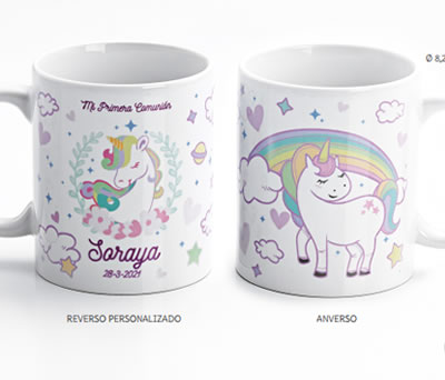 Taza de unicornio personalizable para regalar como detalle de primera comunión