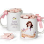 Taza comulganta vestido personalizada decorada con caramelos como regalo de comunión