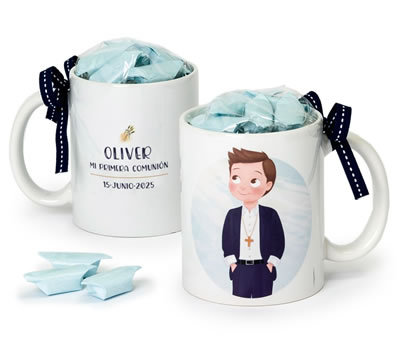 taza comulgante manos en el bolsillo personalizada con caramelos y caja