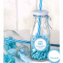 Botella de cristal con caramelos y etiqueta personalizada en color azul