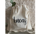 mochila de algodón organico con nombre del invitado personalizado