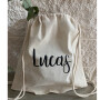 mochila de algodón organico con nombre del invitado personalizado