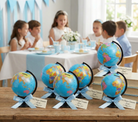 Huchas bolas del mundo decoradas en mesa de recuerdo