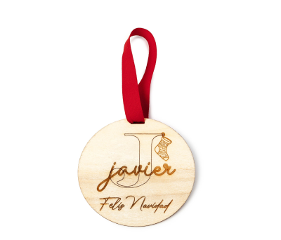 Bola árbol de Navidad madera personalizada calcetín 9cm - ANW369