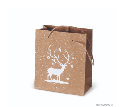 Bolsa Kraft 12x15cm ciervo blanco asas y purpurina. min.12u. AE5120