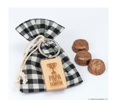 Bolsa cuadros negro llavero madera Papa Campeón y 3 bombones - AMB76.1
