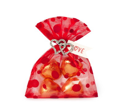 Bolsita roja broche corazones strass, tarjeta 4 cora-chocs - AVB5