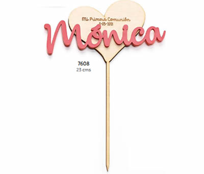 CAKE TOPPER CORAZÓN MADERA NOMBRE METACRILATO ROSA Y FECHA PERSONALIZADO. 23 cms. ADOP7608