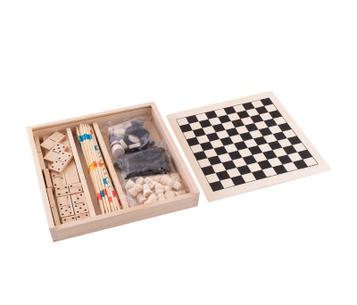 Caja Multijuego de Madera 4 en 1: Ajedrez, Damas, Dominó y Mikado