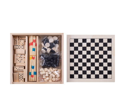 Caja Multijuego de Madera 4 en 1: Ajedrez, Damas, Dominó y Mikado