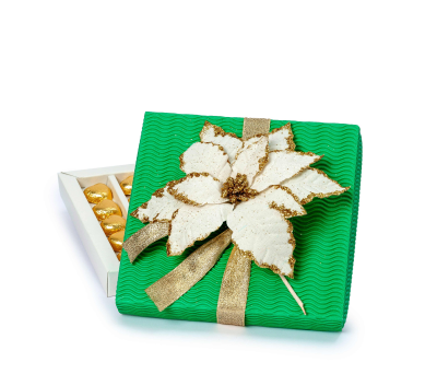 Caja verde 20 cora-choc Poinsettia blanca 20x20x3cm.* - ANEB23