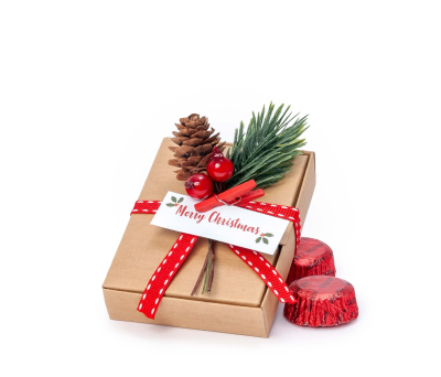 Cajita 5 bombones con adorno navideño y tarjeta Merry Christmas - ANEB34