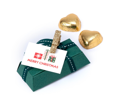 Cajita piramidal verde con tarjeta M.Christmas 2 cora-chocs - AEB62