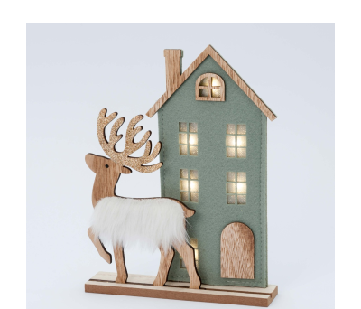Casa fieltro verde y reno de madera con Led 25cm. - ANW22