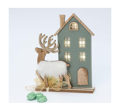 Casa fieltro verde y reno de madera con Led 4 torinos 25cm - ANWB22