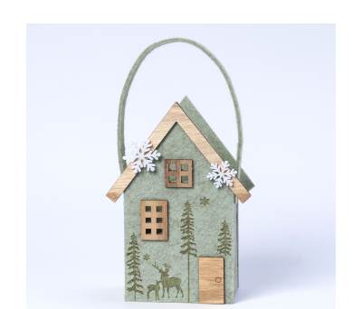 Cesto fieltro casa verde detalles madera 23cm. - ANA153