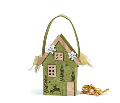 Cesto fieltro casa verde detalles madera 23cm.10 crokichocs - ANAD153