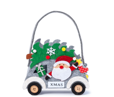 Cesto fieltro gris Papa Noel en coche 20cm. - ANA149