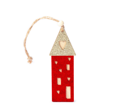 Colgante madera 13cm. casa fieltro roja y tejado oro, min.6 - ANW66
